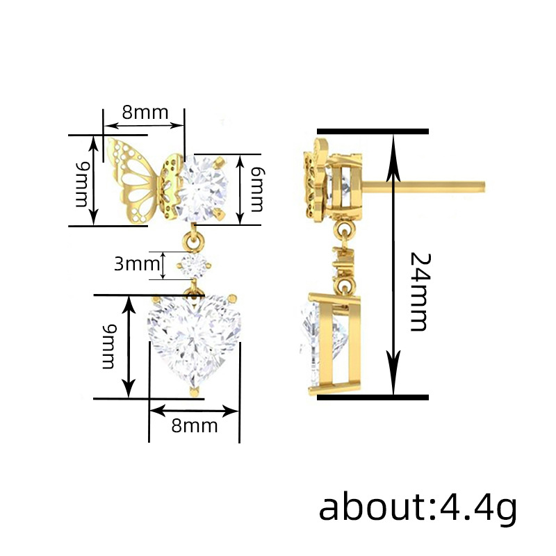 Women's Gender 1 Pair Classic Style Heart Shape Butterfly Copper Zircon Drop Earrings