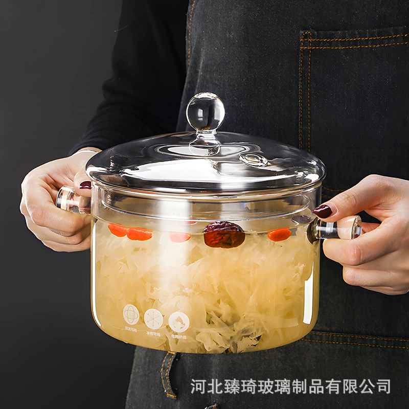 Стеклянная похлебочная кастрюля, стекло borosilicate, 1400 мл, двойная ручка, безопасна для открытого огня и керамической плиты