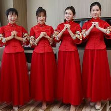 伴娘禮服女伴娘服紅色2022新款中式長款伴娘團新娘結婚姐妹裙顯瘦