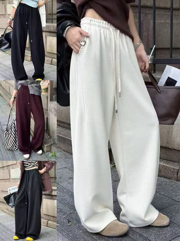 Xiuer Wool Shop 2025 Early Autumn New Fashion Elastic Waist Drawstring Slimming Straight Wide-Leg Casual Pants for Women Xiuer Wool Shop 2025 Early Autumn New Fashion Elastic Waist Drawstring Slimming Straight Wide-Leg Casual Pants for Women