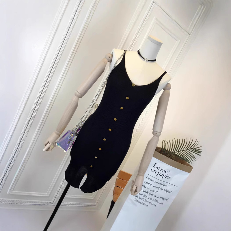 2025 New Summer Korean Style Suspender Sleeveless Single-Breasted Mid-Length Slim Slit Knitted Dress for Women
