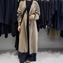 麻棉复古风衣女中长款2024秋季新款韩版宽松高级英伦风西装领外套