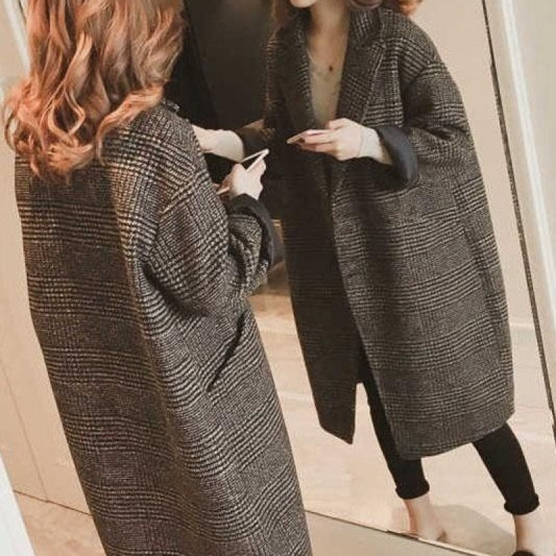 24 Winter New Korean Style Mid-Length Houndstooth Large Size Woolen Jacket Women's Suit Collar Plaid Over-The-Knee Cocoon Coat
