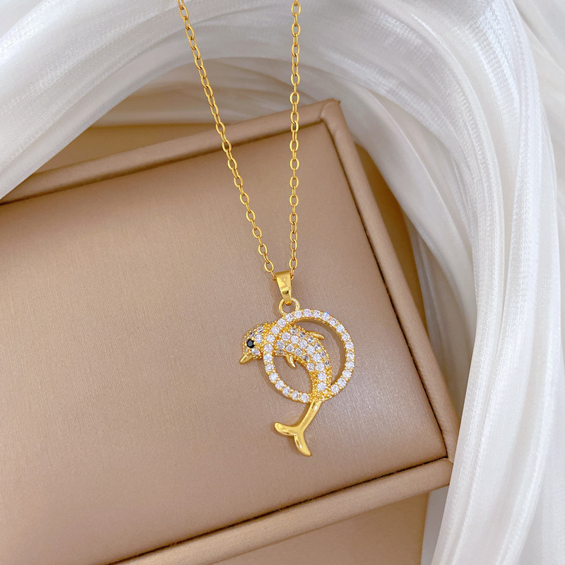 Titanium Steel Dolphin Necklace With Full Diamond Inlay Elegant_voghion.com