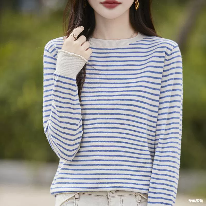 Весенний и осенний новый трикотаж в полоску с круглым вырезом свитер пуловер женский корейский