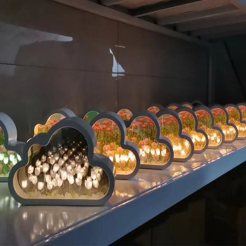 手工diy雲朵鏡面鬱金香小夜燈 花海diy材料包發光擺件創意禮品