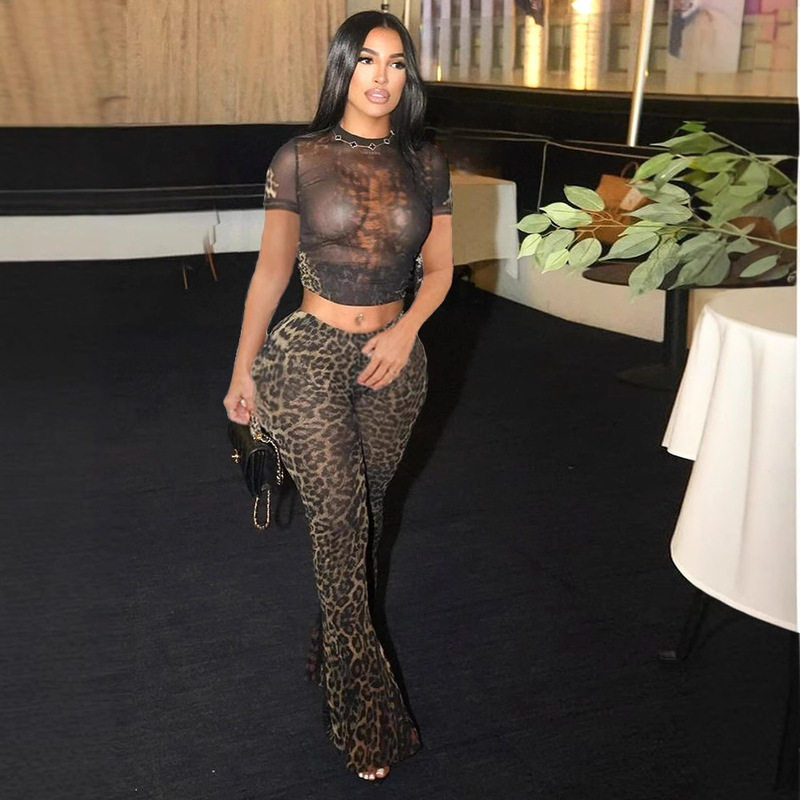 D9740 Amazon European and American Hot Women's Fashion Sexy Trendy Leopard Print Positioning Short-sleeved Two-piece Set