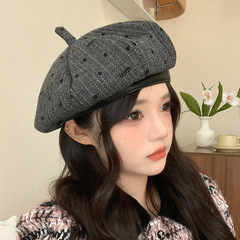 韩系秋冬氛围感波点条纹贝雷帽子女时尚高级感大头围显脸小八角帽