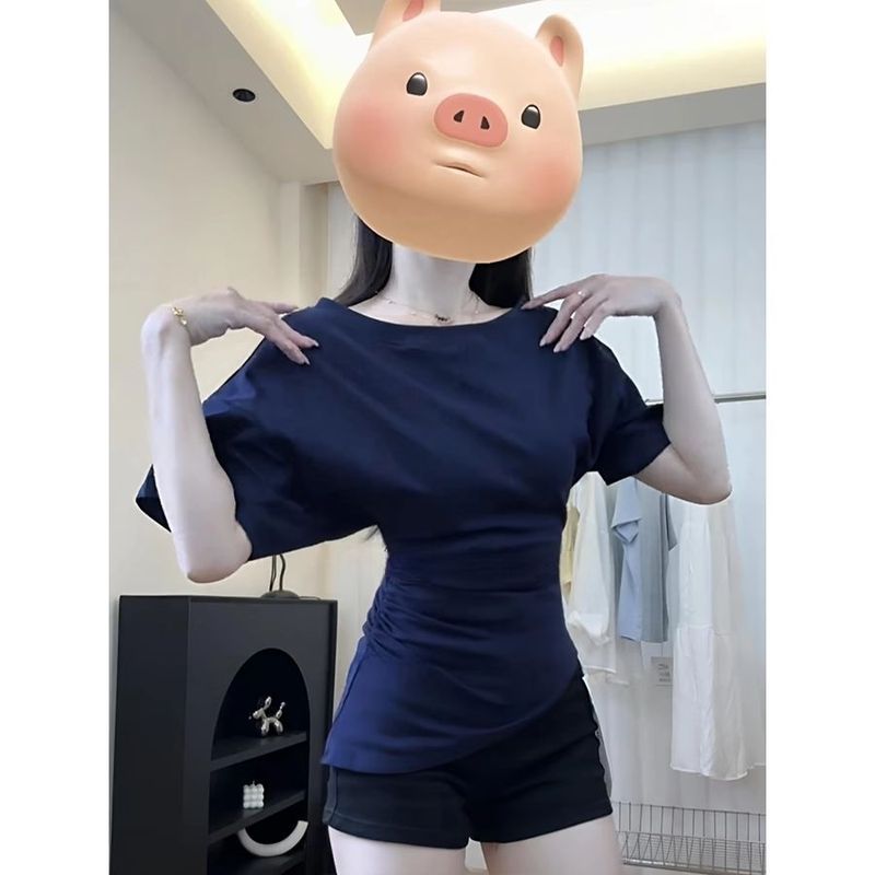 コーマ綿斜め肩ワンショルダー半袖Tシャツ夏新作スリム不規則スリムデザインホットガールレイジートップ|undefined