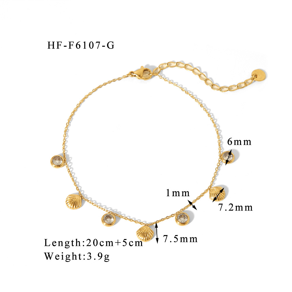 Concha a rayas de acero inoxidable francés, circón, temperamento de nicho de 18K, tobillera de playa para mujer, joyería impermeable que no se desvanece