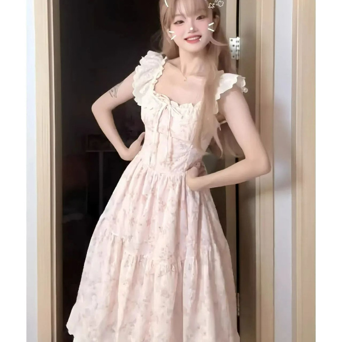 French-Style Flutter Sleeve Dress for Women, Summer Long Floral Dress, Ethereal Princess Dress, Sweet and Elegant Student Style
