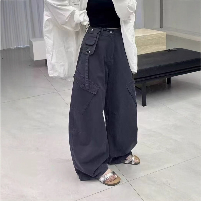 美式复古工装休闲裤女2025早秋新款韩系高腰宽松显瘦直筒弯刀裤子|undefined
