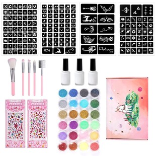 Amazon hot sale children glitter tattoo template stickers suit 24 color glitter powder tattoo makeup brush with glue
