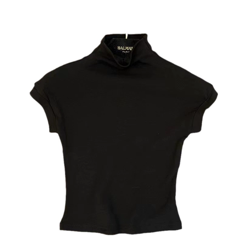 Детская эластичная футболка, высокий воротник, короткий рукав, slim Korean style, лето (размеры 2–17)