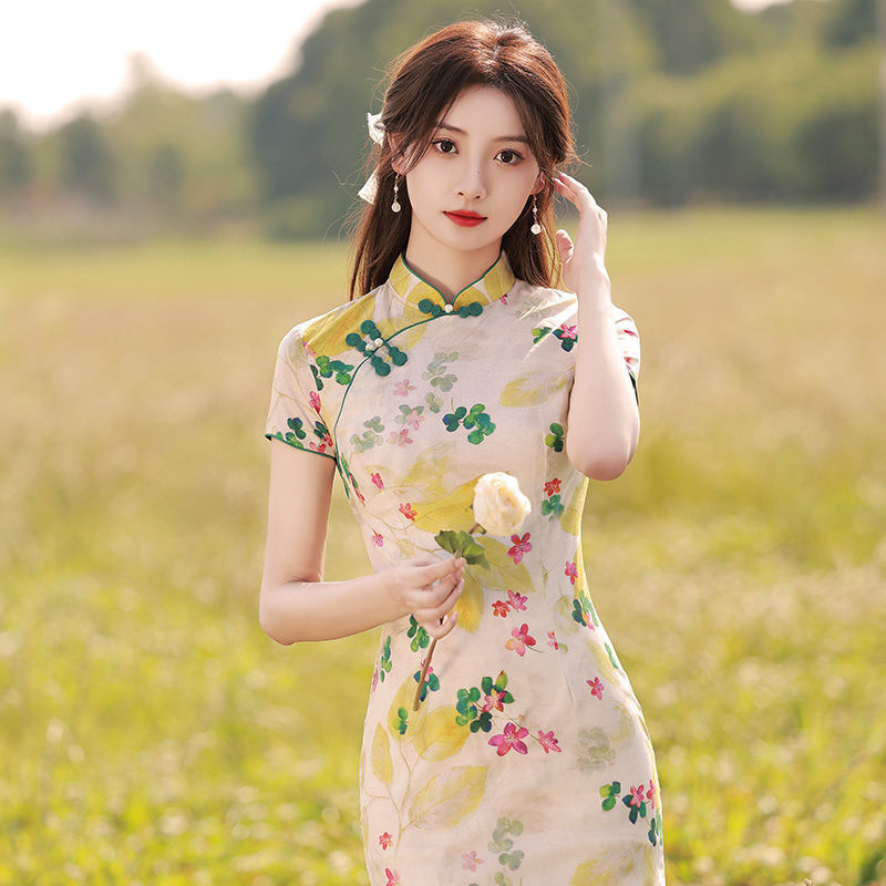Improved Cheongsam 2026 Summer Fashion Young Style Elegant High-End Dress Slim Fit Girl Floral Dress Trendy Short Sleeves