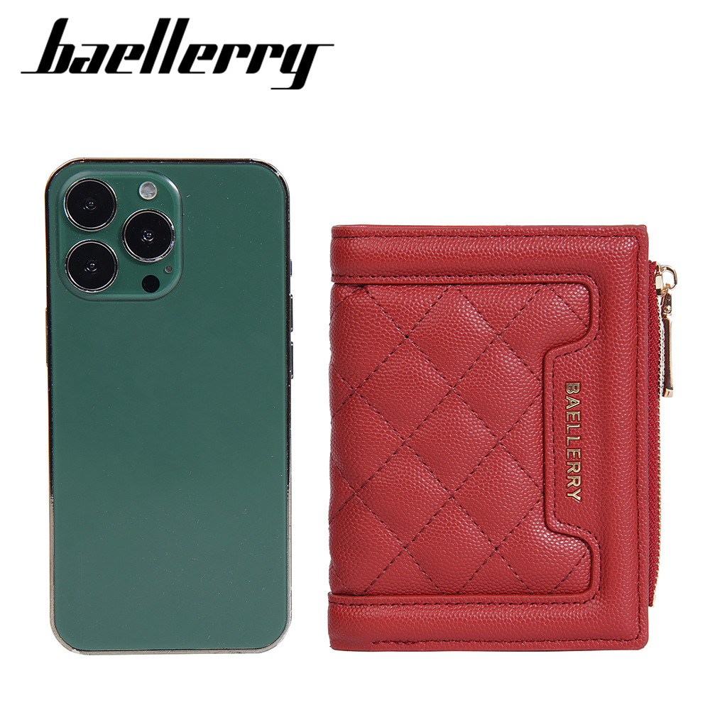 Cartera de mujer Baellerry color cálido monedero corto con cremallera a presión, bolso de tarjeta con patrón de diamante con borde, billetera