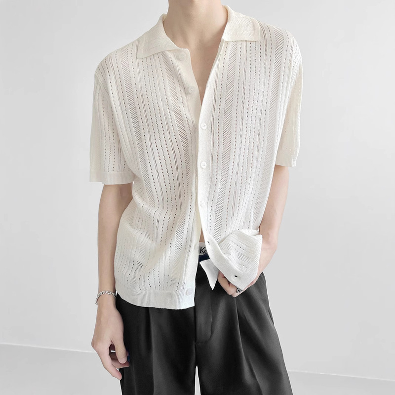 Korean Ins Cut Out Lapel Short-Sleeved Men's Abstinence Knitwear Fashionable Lace Shirt Cardigan T-Shirt Summer Handsome