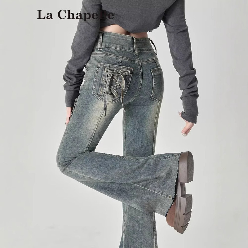 Vintage Blue Double Buckle Low Waist Micro-blare Jeans Women's 2025 Spring and Autumn New Stretch Bow Strap Trumpet Pants