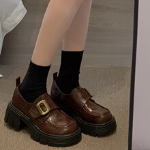 全牛皮~英伦风百搭增高魔术贴乐福鞋2024秋冬新款复古厚底小皮鞋