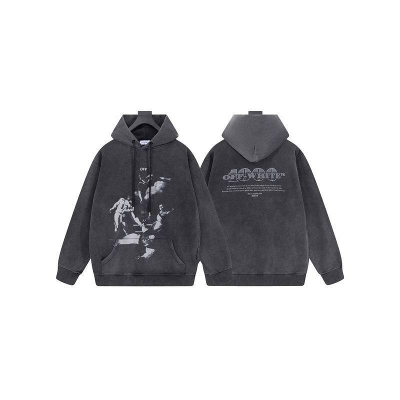 Off-White New Religious Angel Print Washed and Distressed Hooded Sweatshirt with All Three Export Labels in Stock Off-White New Religious Angel Print Washed and Distressed Hooded Sweatshirt with All Three Export Labels in Stock
