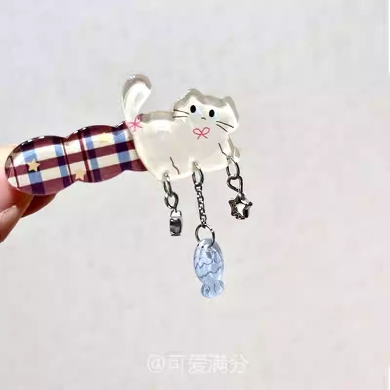Kitten Fishing Unique Red and Blue Plaid Acrylic Cat Hairpin Blue Fish Pendant Hair Accessory Cartoon Side