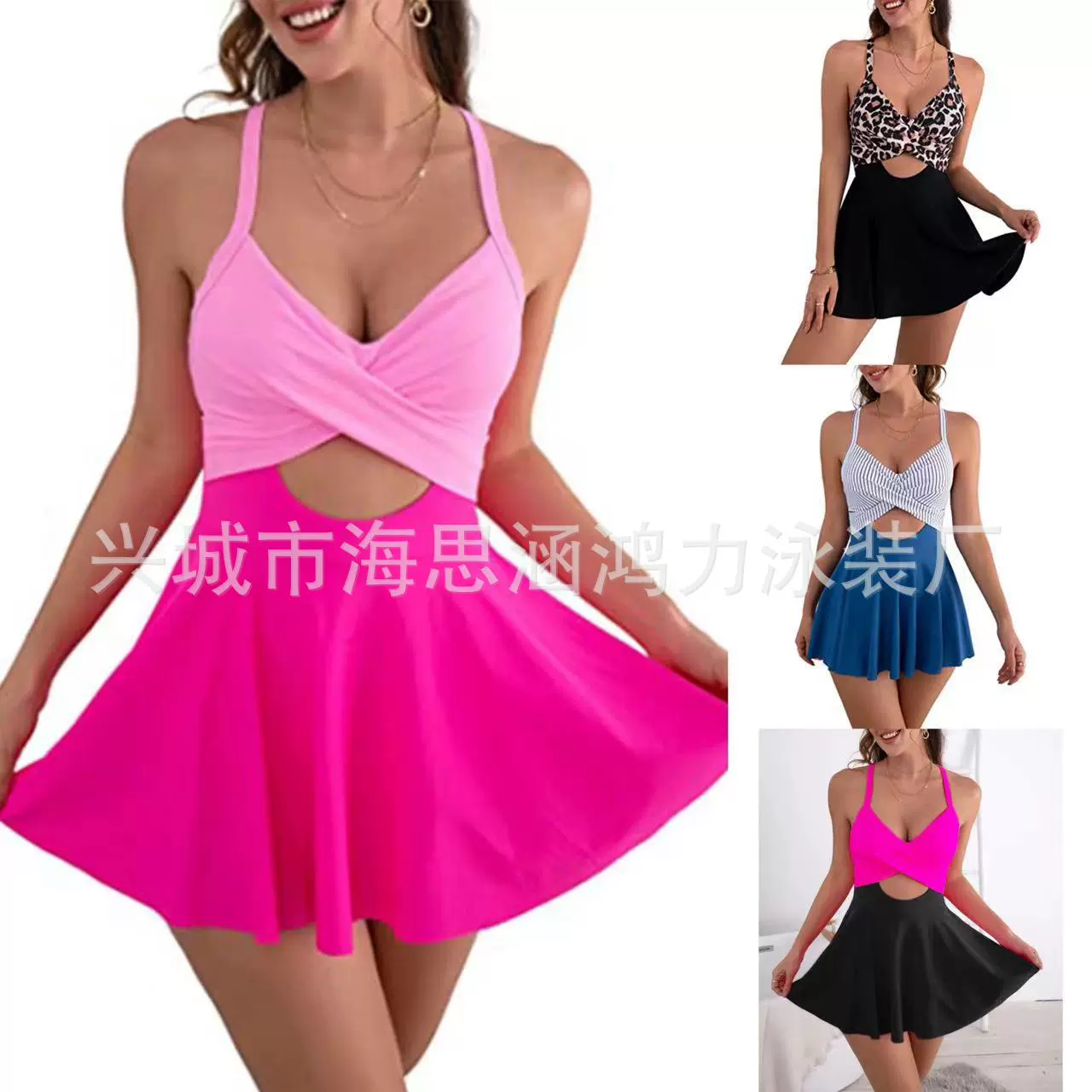 2023欧美泳衣外贸连体大码女一体式亚马逊跨境吊带裙高腰连身