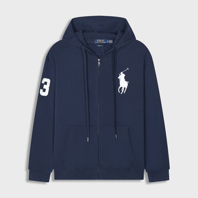 2026 Cross-Border Men's Hooded Zip-Up Sweatshirt Ralph Lauren Rl Large Logo Embroidery Loose Casual Sports Jacket