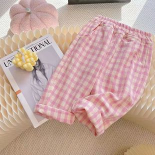 New Girls Pure Cotton Plaid Pants for Summer Outer Wear Thin Breathable Summer Kidsren's Straight Wide Leg Pants Anti-Mosquito Pants