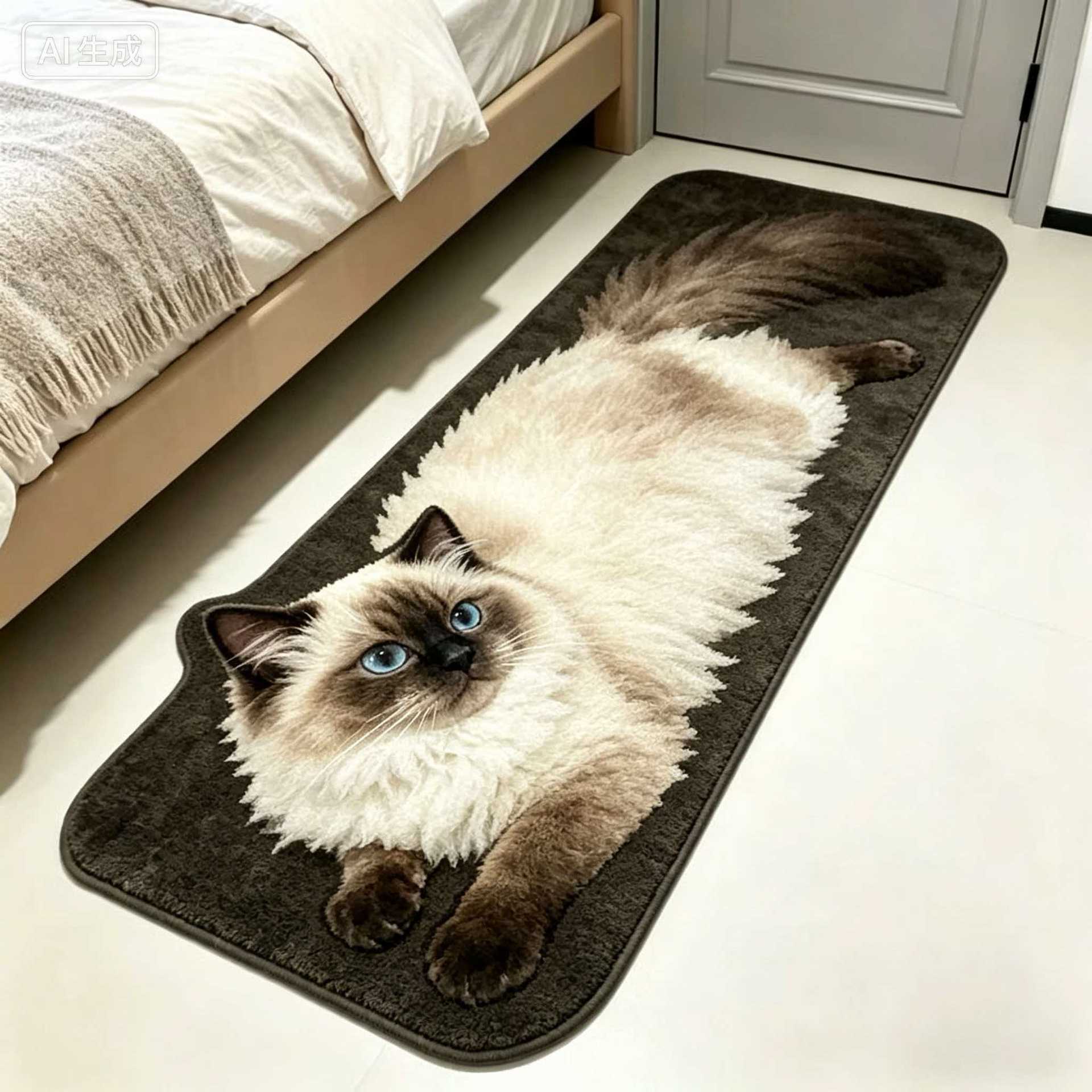 3D Visual Plush Cat Bedside Rug, Cute and Adorable Long Carpet for Bedroom, Water Absorbent, Dirt Resistant, Insulating Foot Mat, Cross-Border