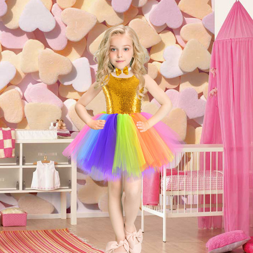 Colorful rainbow sequined jazz dance dresses for kids baby Piano performance  skirts girls birthday party rainbow children gauze ballet tutu skirt