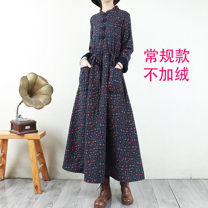 加绒加厚棉麻碎花连衣裙秋冬复古民族风盘扣长裙子宽松大摆裙|undefined