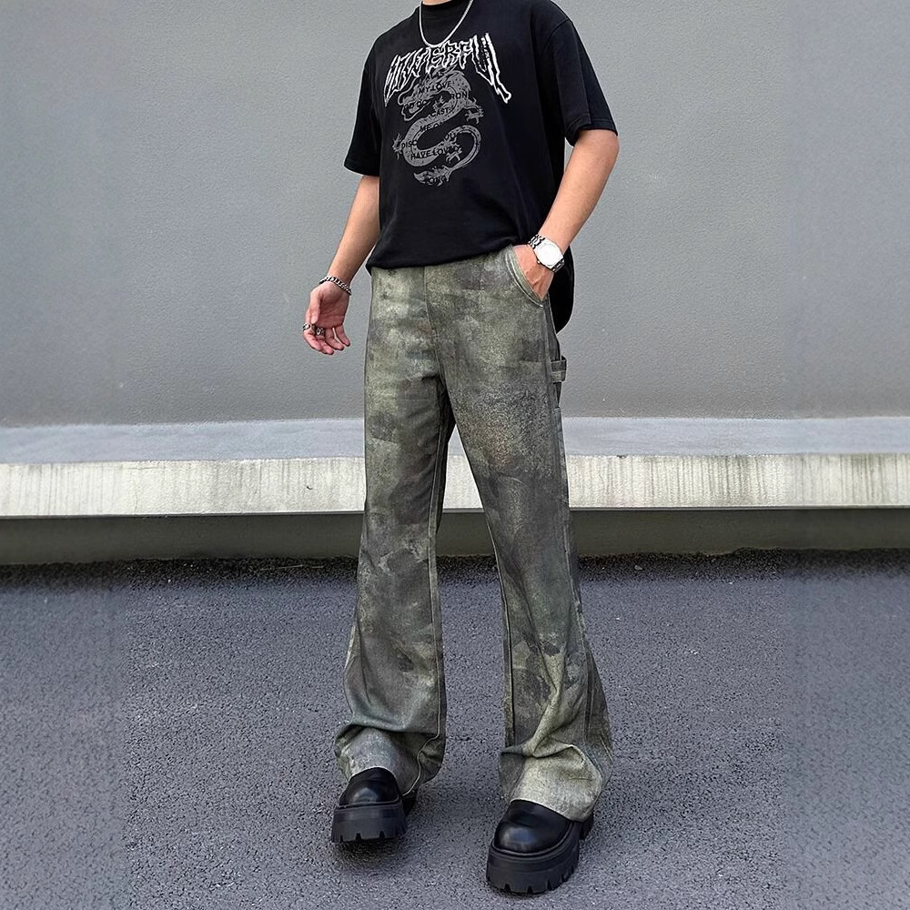 Men's Vintage Washed Denim Jeans | Digital Print Camouflage Pattern | Relaxed Fit Wide Leg Trousers For Retro Streetwear Style_viptrois.com