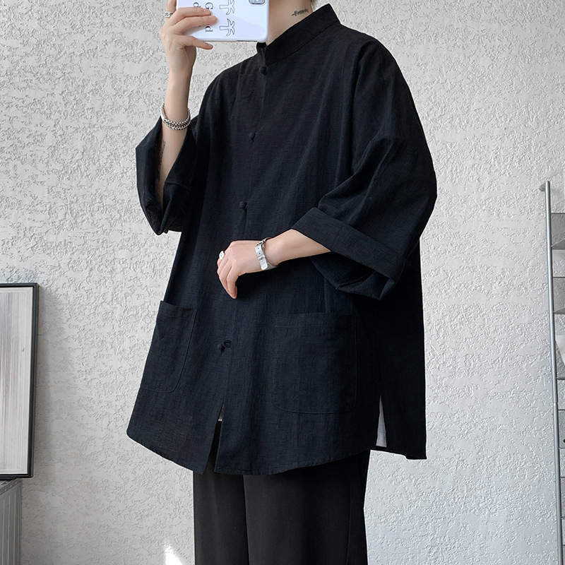 Nuevo estilo chino hebilla Tang traje de los Hombres estilo nacional de lino de manga corta Camisa de verano más el tamaño de algodón y lino Hanfu Bata