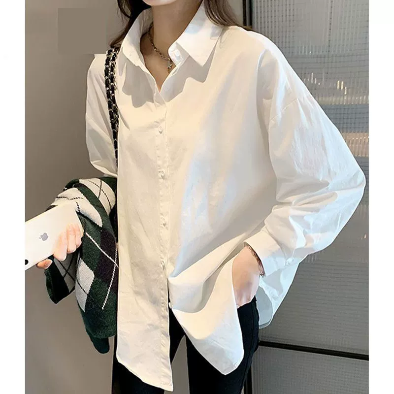 Белая рубашка женская американская ретро мода о сплошном цвете рубашка с длинными рукавами корейская версия нишевые дизайны повседневные дикие волосы
