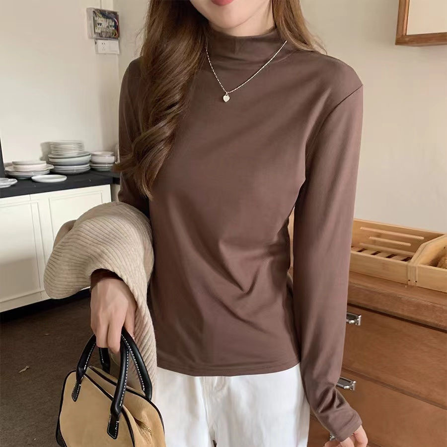 Pesado con camisa de terciopelo de doble cara multicolor de terciopelo caliente camiseta de fondo de cuello medio alto camiseta de manga larga de moda femenina image 3