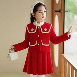 女童红色新年服秋季新款中大童连衣裙过年服小女孩两件套时尚衣服