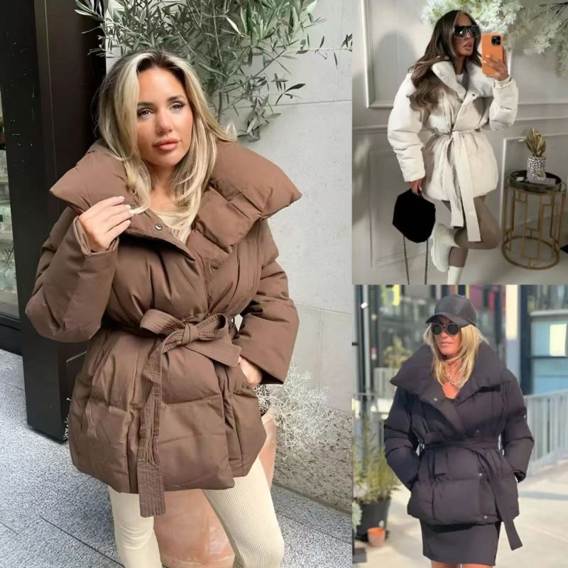 Cross-Border Three-Color Stand-Collar Warm Waist-Cinching Women's Cotton Jacket for Autumn and Winter, European and American Style, Loose Fit with Drawstring, New Trendy Design