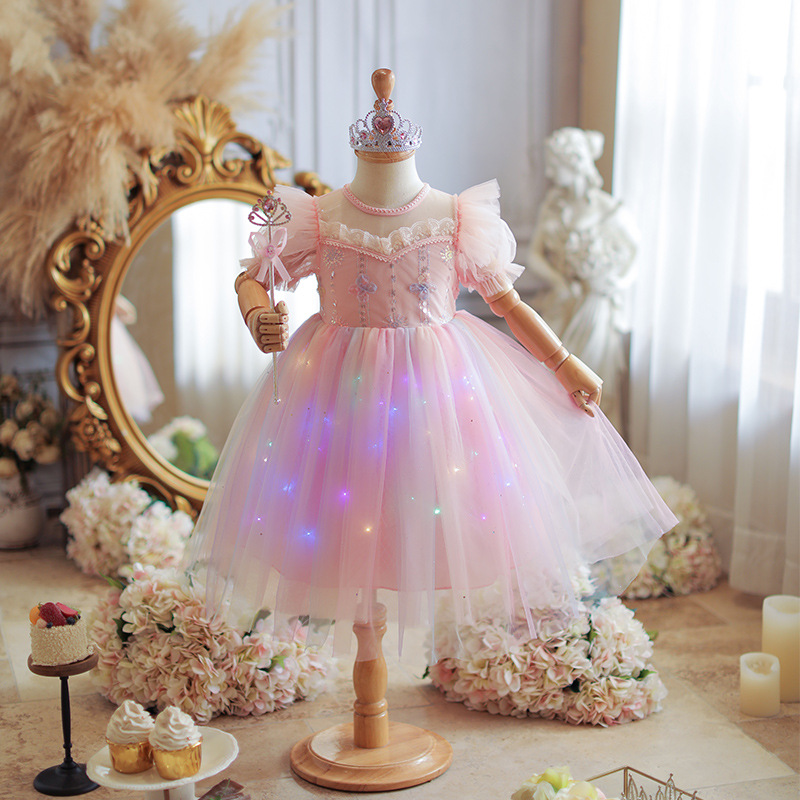 Girls' summer 2024 New Aisha princess dress children's short-sleeved dress fluffy yarn dress summer