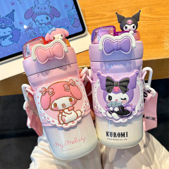 かわいいサンリオファミリーシリーズリボン学生魔法瓶カップ子供用ダブルドリンク調節可能なカップロープ飲料カップ