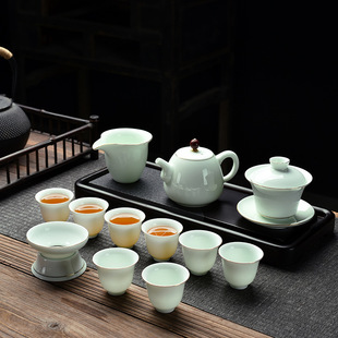 Kung Fu Tea Set, a Complete Set of High-End Mutton Fat Jade Celadon Ceramic Bowl, Teapot, Tea Cup, a Complete Set of Business Gifts