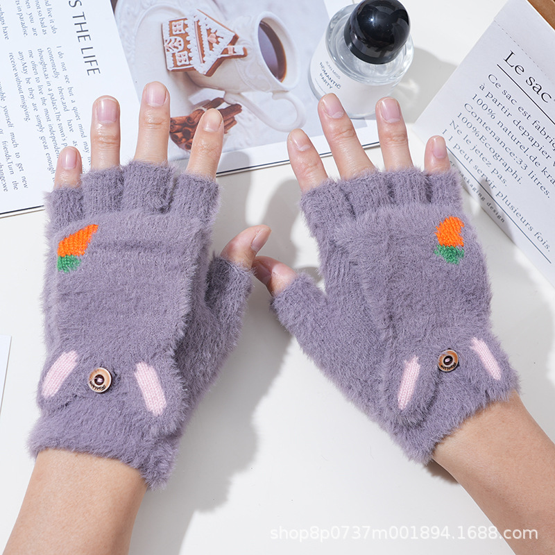Invierno de las mujeres cálido forrado de lana engrosada estudiante escritura de moda montar lindo punto medio dedo flip guantes de dibujos animados