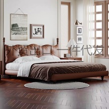 意式复古真皮床头层牛皮轻奢高美式档实木床头家用储物极简双人床