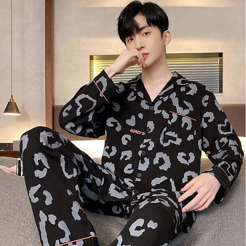 Pijamas de los hombres de primavera y otoño de manga larga casual de los hombres más el tamaño de la juventud suelta temperamento de mediana edad conjunto completo traje de moda para el hogar