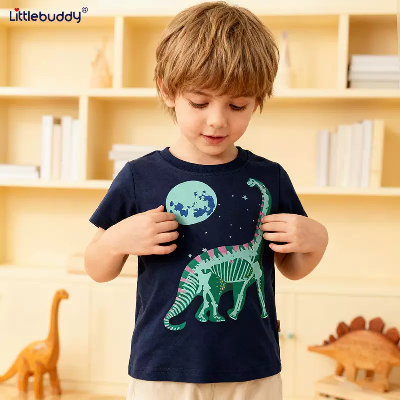 跨境男童夜光恐龙纯棉短袖T恤2025夏季新款儿童服装卡通印花潮范