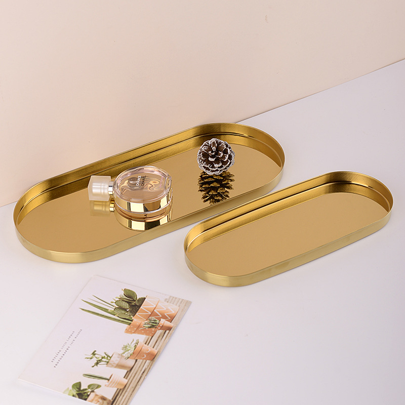 Cross-border Golden Ins Style Stainless Steel Jewelry Tray Cosmetic Straight Side Tray Advanced Sense Desktop Oval Tray