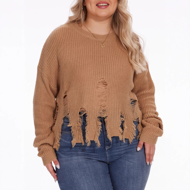 Amazon Cross-border European and American Hollow-out Sweater Women's plus size Loose Long-sleeved Thick Knitted Pullover Top Trendy