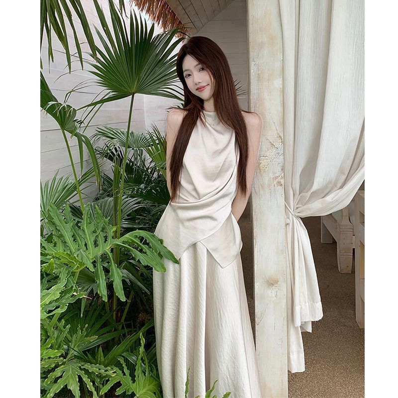 小众不规则系带设计感缎面背心半身裙夏季新款时尚两件套女潮通勤|undefined