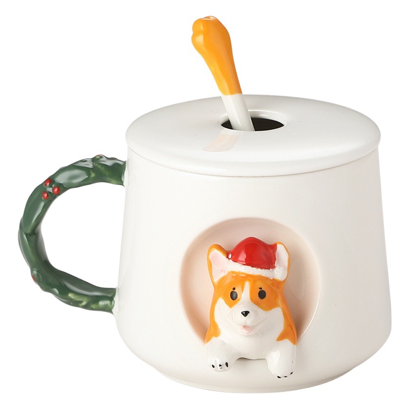 Taza linda del Corgi de la Navidad casera de alto aspecto de cerámica con el regalo de la taza de café de los hombres y de las mujeres de los pares de la cuchara de la tapa