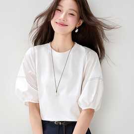 一件代发2026夏季新款简约舒适纯色百搭圆领中袖上衣T恤女装