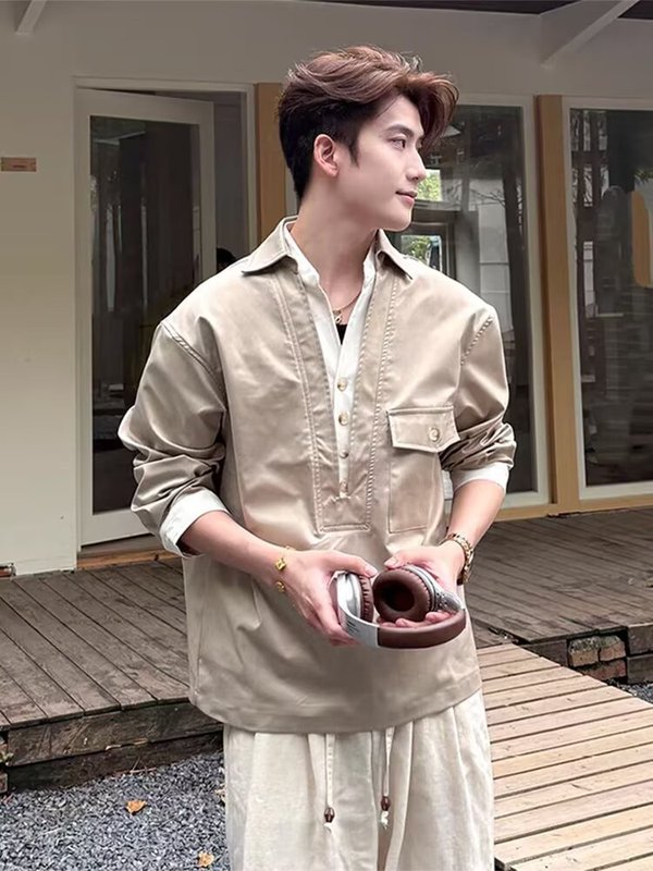 老钱风潮流假两件拼接长袖衬衣男春秋新款宽松时尚休闲长袖衬衣男|undefined